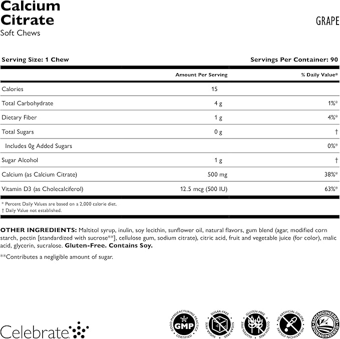 Celebrate Vitamins Bariatric 500mg Calcium Citrate Soft Chews with 500 IU Vitamin D3 – Essential for Gastric Bypass Patients & Bone Health - Sugar & Gluten Free, Grape (90 Chews)