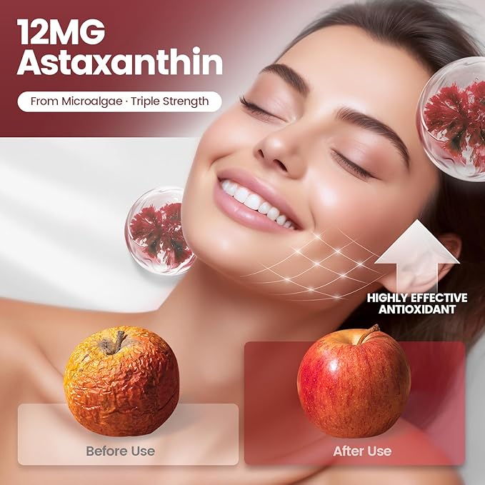 Astaxanthin 12mg, 720 Softgels, Fresh Haematococcus Pluvialis 10 in 1 Astaxanthin Antioxidant Supplements, Contains Lycopene, Grape Seed, Vitamin E, & More Supports Eye, Joints, Skin Health, 3 Bag