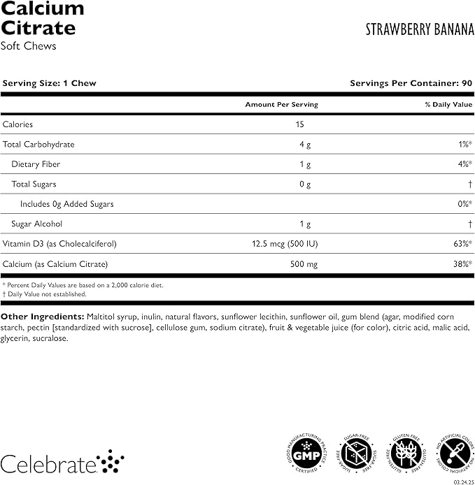 Celebrate Vitamins Bariatric 500mg Calcium Citrate Soft Chews with 500 IU Vitamin D3 – Essential for Gastric Bypass Patients & Bone Health - Sugar & Gluten Free, Strawberry Banana (270 Chews)