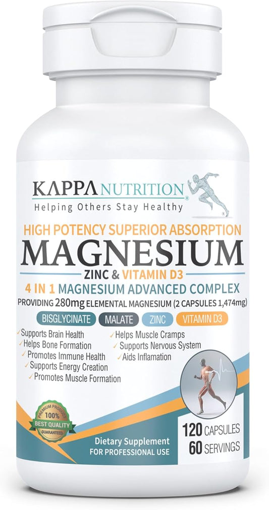 Kappa Nutrition Magnesium 4-in-1, 280mg Elemental Magnesium (Bisglycinate, Malate) + Zinc & Vitamin D3, Brain, Sleep, Energy, Muscle, Immune Support, 120 Vegan Capsules.