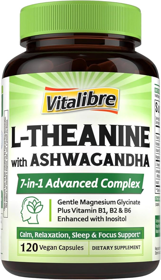 L-Theanine 200mg Supplement, Magnesium Glycinate, Ashwagandha, Inositol, Vitamin B1 B2 B6, No Gluten, Calm, Relaxation, Focus, Cognitive Function, 120 Vegan Caps