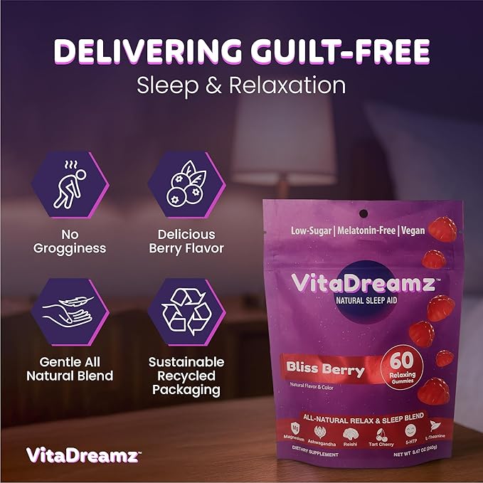 Bliss Berry Magnesium Relax & Sleep Gummies with Ashwagandha, Reishi, Tart Cherry, 5-HTP, L-Theanine | No Melatonin | Low-Sugar, Vegan, Non GMO, Berry Flavored