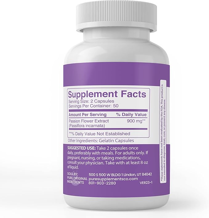 PURE ORIGINAL INGREDIENTS Passion Flower Extract, (100 Capsules) Always Pure, No Additives or Fillers, Lab Verified
