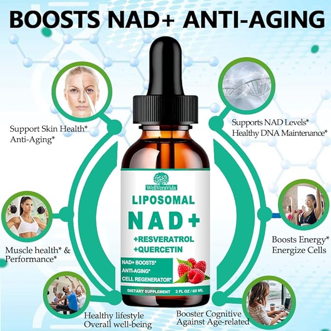 NAD Supplements for Women & Men, Liposomal NAD Nicotinamide Riboside Resveratrol 900mg, TMG, Quercetin, Vitamin B3, Organic Liquid NAD Resveratrol Supplement for Longevity, Energy, Anti-Aging, Focus