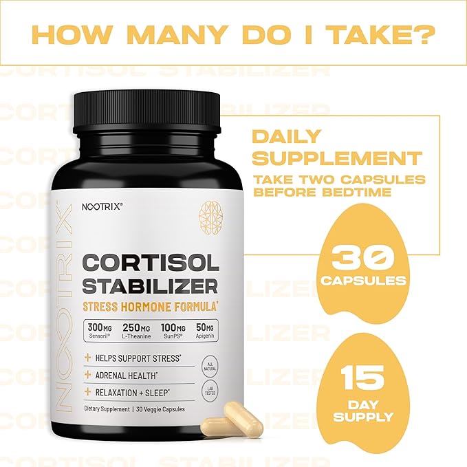 Cortisol Manager & Stabilizer Supplement | Supports Deep Sleep, Relaxation, Adrenal Health & Stress | 300mg Ashwagandha | L-Theanine, Rhodiola Rosea Extract & Apigenin | 30 Capsules