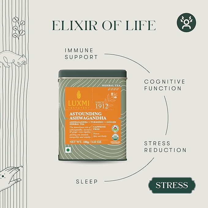 Luxmi Estates - Astounding Ashwagandha - Organic Ashwagandha Tea - Loose Leaf - 100g (50 Cups) | With Ashwagandha, Turmeric, Ginger, Lemongrass & More | Perfect Stress Relief Tea