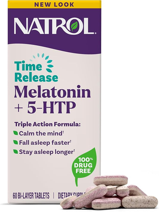 Natrol Melatonin + 5-HTP Advanced Time Release Sleep Aid, Triple Action Formula, Calm the Mind, Fall Asleep Faster and Stay Asleep Longer, 60 Bi-Layer Tablets, Up to a 60 Day Supply