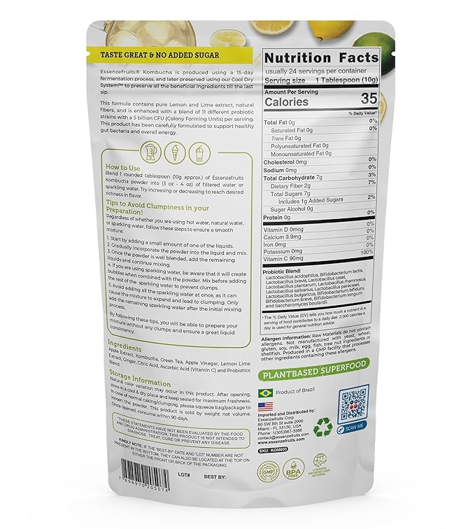 Essenzefruits Lemon Lime Ginger Kombucha Powder Tea Mix Beverage - Sugar Free, Fermented & Dried - Just Add Water! Live Probiotics & Prebiotic Blend, Vitamin C - Makes up to 30 Cups (8 Oz, 226g)