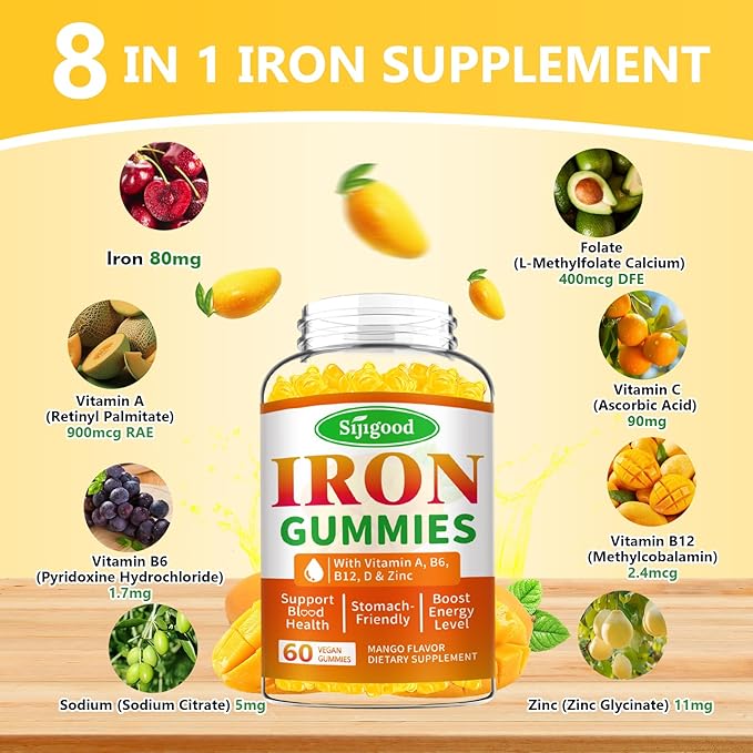 2 Pack Iron Gummies for Women & Men - Vegan Iron Supplement for Anemia & Iron Deficiency, with Vitamin B12, Vitamin C, Zinc, Folate - Energy Boost, Sugar-Free, Mango Flavor, 120 Count