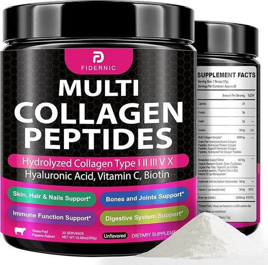 Multi Collagen Peptides Powder – Hydrolyzed Collagen Type I, II, III, V, X with Hyaluronic Acid, Vitamin C, Biotin, Supports Skin Hair Nail & Joint, Grass-Fed, Non-GMO, Unflavored, 30 Servings