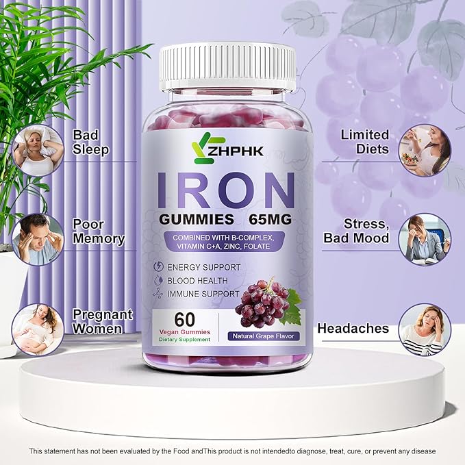 Vegan Iron Supplement 65mg, Iron Gummies for Women and Men with Vitamin C 250mg, Vitamin A, B-Complex, Biotin, Zinc & Folate, Folate for Energy Boost, Immune Health, 120 Count