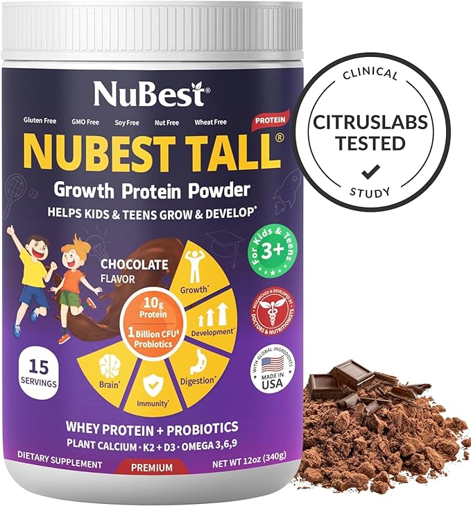 NuBest Tall Protein Powder for Kids & Teens - Whey Protein Powder - Chocolate Protein Powder Shake with Probiotics, Omega 3-6-9, Vitamin D3 + K2, Calcium, Vitamin - 15 Servings | 2 Week Supply