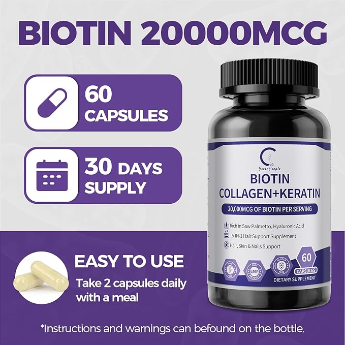 GPGP GreenPeople Biotin | Collagen | Keratin - Hair Growth biotin 20000MCG-Hair, Skin & Nails with Multivitamins & Minerals for Men & Women - 120 Capsules