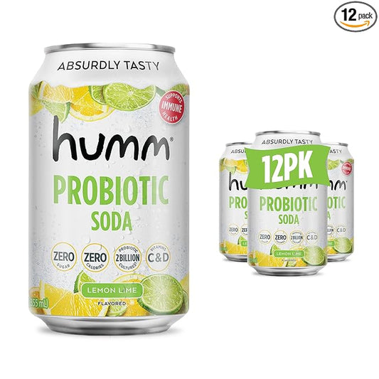 Humm Sparkling Probiotic Lemon Lime Soda, Zero Sugar, Zero Calorie, 2 Billion Probiotics, Vitamin C, D, and B12, 12 fl oz (Pack of 12)