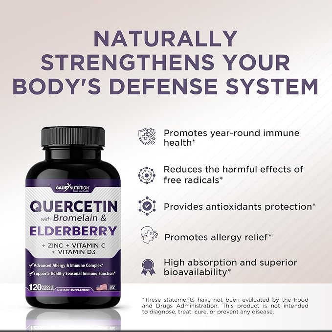 Gade Nutrition Quercetin with Bromelain & Elderberry | Quercetin with Vitamin C and Zinc | Zinc Quercetin 500mg with Vitamin D3 | Daily Immune Support Supplement - 6 Months Supply