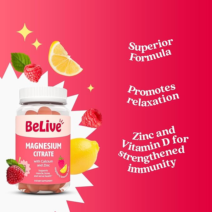 BeLive Magnesium Citrate Gummies with Calcium and Zinc for Adults and Kids - High Absorption Magnesium Supplement for Cognitive, Bone, Muscle and Nerve Health - Raspberry Lemonade - 60 Count