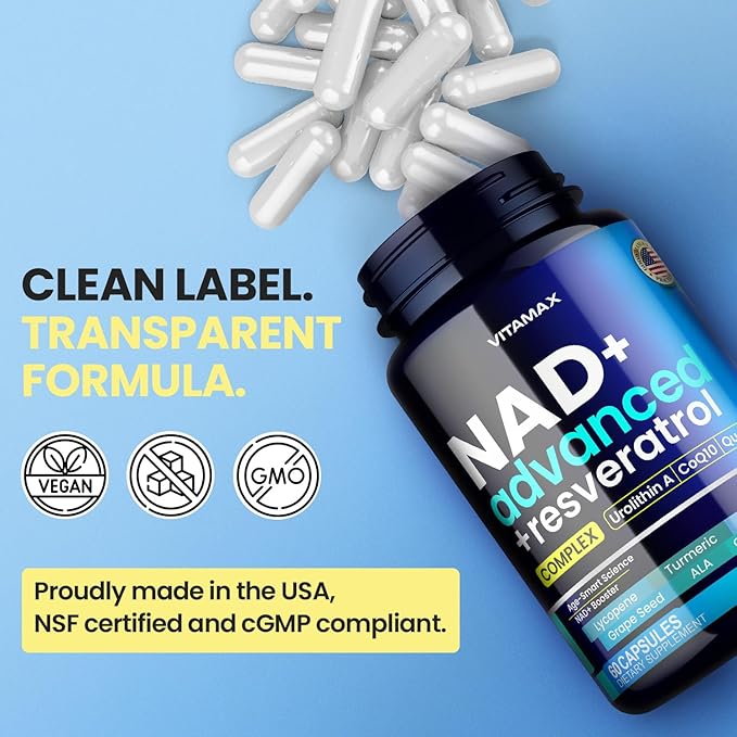 NAD+ Supplement Extra Strength - Liposomal + Resveratrol for Women & Men, CoQ10, Alpha Lipoic Acid, Green Tea, Quercetin, Urolithin A, Lycopene – High Purity Anti-Aging, Energy & Regeneration – 60ct
