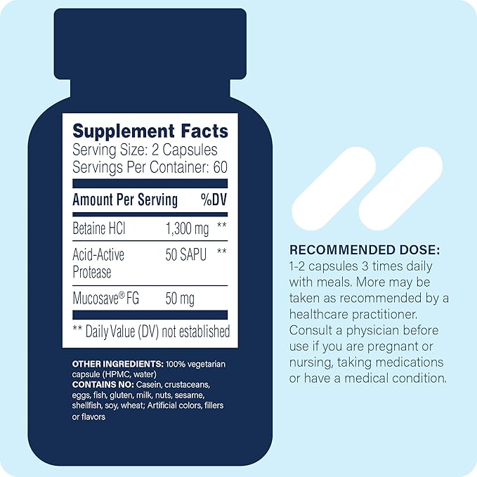 Betaine HCl with Pepsin - Supplement for Low Stomach Acid - Betaine Hydrochloride Supplement - Digestive Enzymes - Enzimas Digestivas - 120 Capsules