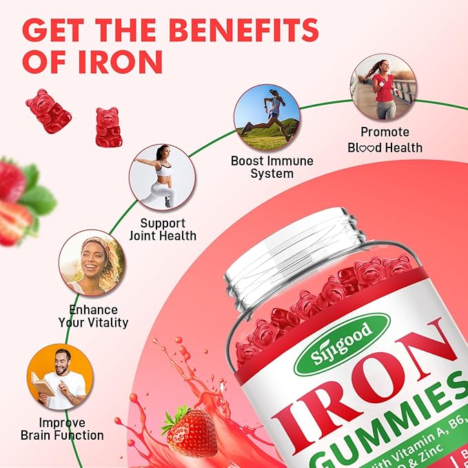2 Pack Iron Gummies for Women & Men - Vegan Iron Supplement for Anemia & Iron Deficiency, with Vitamin B12, Vitamin C, Zinc, Folate - Energy Boost, Sugar-Free, Strawberry Flavor, 120 Count