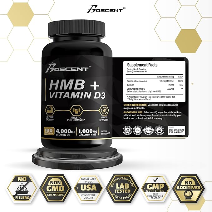 HMB and Vitamin D3 Supplement 1,000 MG (180 Capsules) - HMB Supplements with 4,000 UI of D3 & Calcium - Muscle Growth, Strength & Cure - B-Hydroxy B-Methylbutyrate Butyrate - Muscle Builder for Men