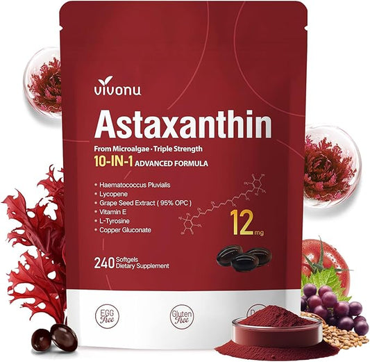 Astaxanthin 12mg, 240 Softgels, Fresh Haematococcus Pluvialis 10 in 1 Astaxanthin Antioxidant Supplements, Contains Lycopene, Grape Seed, Vitamin E, & More Supports Eye, Joints, Skin Health, 1 Bag