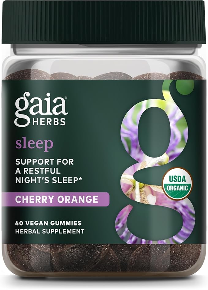 Gaia Herbs Organic Sleep Gummies, Sleep Support, Ashwagandha, Organic Reishi Mushroom, Passionflower, USDA Certified Organic, Non-GMO, Gluten Free, Vegan, 40 Count