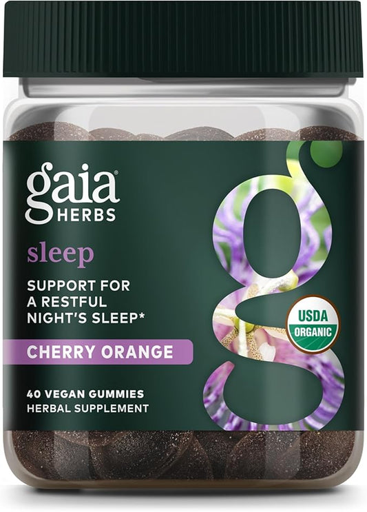 Gaia Herbs Organic Sleep Gummies, Sleep Support, Ashwagandha, Organic Reishi Mushroom, Passionflower, USDA Certified Organic, Non-GMO, Gluten Free, Vegan, 40 Count