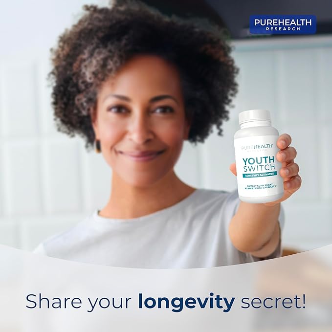 PUREHEALTH RESEARCH Youth Switch - Anti Aging Supplement with Ashwagandha Extract 600 mg KSM-66 - Longevity Activator - Telomere Supplements - Disrupt & Reverse Aging, 1 Bottle - 60 Capsules