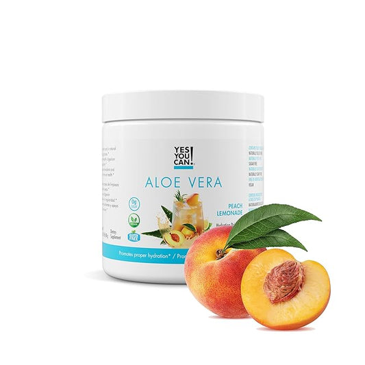 Yes You Can! Organic Aloe Vera Powder Drink Mix - Hydration Booster Infused with Pure Aloe Juice - Delicious Flavors - Made in USA - Antioxidant Rich - Peach Lemonade Flavor - 40 Servings Per Canister