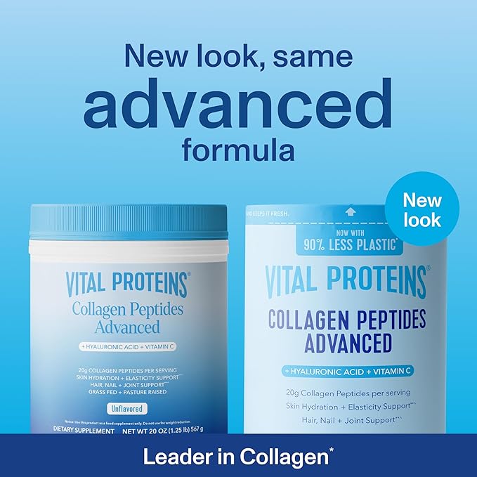 Vital Proteins Collagen Peptides Powder Advanced with Hyaluronic Acid & Vitamin C - 20oz Collagen Protein, Unflavored, 27 Servings