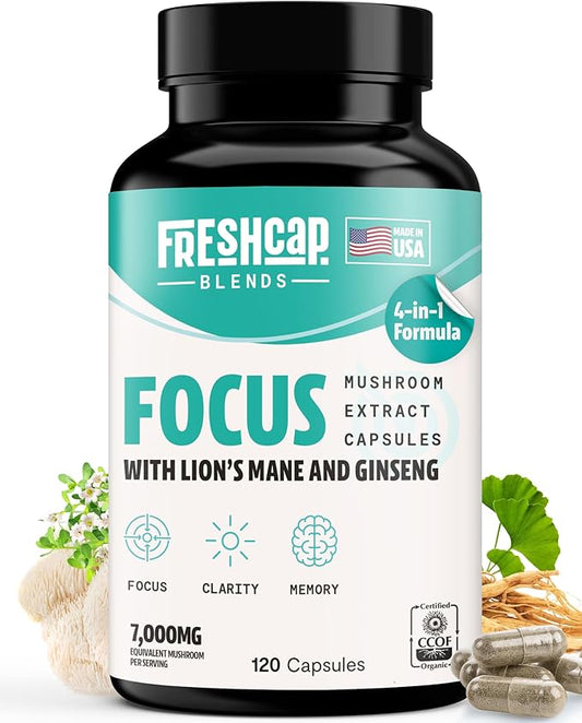 FreshCap 4-in-1 Focus Supplement - Supplements for Memory and Focus - Memory Supplement for Brain, Brain Booster Supplement, Lions Mane Extract, Ayurveda Ginseng (120 Capsules)