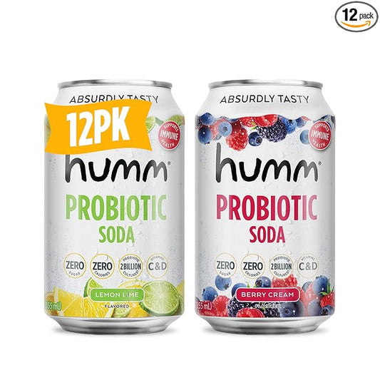 Humm Sparkling Probiotic Soda Variety Pack, Lemon Lime & Berry Cream, Zero Sugar, Zero Calorie, 2 Billion Probiotics, Vitamin C, D, and B12, 12 fl oz (12 Pack)