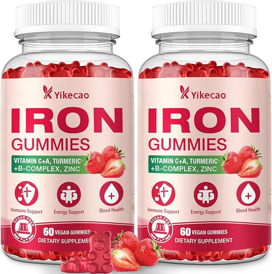 2 Pack Vegan Iron Gummies, Iron Supplement for Women & Men, with Vitamin C, A, B-Complex, Folate, Zinc, and Biotin, Strawberry Flavor, 120 Count