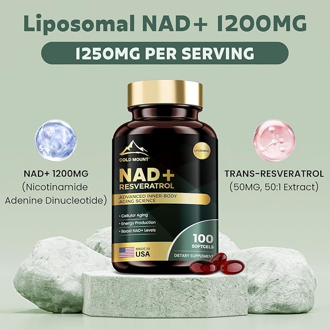 Liposomal NAD+ Supplement 1200mg with Trans Resveratrol - Boost NAD+ Levels, Energy & Anti-Aging Support - Vegan, 100 Softgels