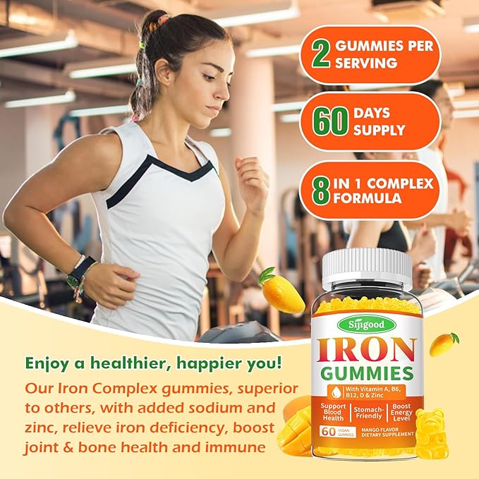 2 Pack Iron Gummies for Women & Men - Vegan Iron Supplement for Anemia & Iron Deficiency, with Vitamin B12, Vitamin C, Zinc, Folate - Energy Boost, Sugar-Free, Mango Flavor, 120 Count
