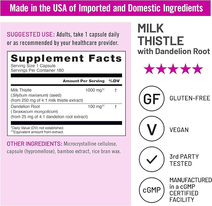 NatureWise Milk Thistle with Dandelion Root - Silymarin - Antioxidant Liver & Kidney Health Support Supplement - Vegan, Non-GMO, Gluten Free - 180 Count[180-Day Supply]