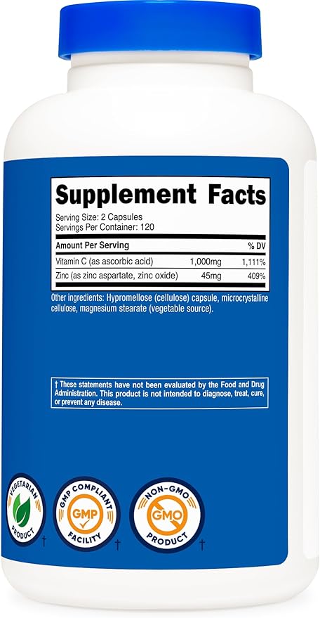 Nutricost Vitamin C with Zinc Capsules, 120 Servings - 1000mg, 45mg Zinc, Non-GMO, Gluten Free Vitamin C Supplement