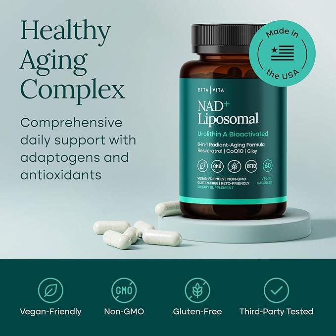 Liposomal NAD+ Supplement 500mg with Urolithin A, CoQ10, Resveratrol & Giloy (Made in USA), NAD Supplement for Cellular Energy, Cognitive, Anti-Aging & Detox Support - 3rd Party Tested Vegan, Non-GMO