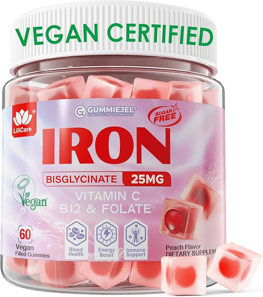 Iron Gummies for Women 25mg Plus Vitamin C, Beet Root, Vitamin B12, Folate for Iron Deficiency, Anemia, Energy Boost, Sugar Free Iron Supplement, Non-Constipating, No After Taste, 60 Cts