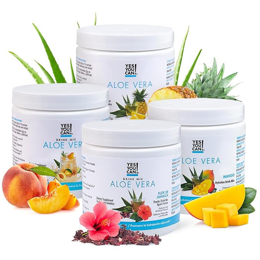 Yes You Can! Organic Aloe Vera Powder Drink Mix - Hydration Booster Infused with Pure Aloe Juice - Delicious Flavors - Made in USA - Antioxidant Rich - Vatiety Flavor - 40 Servings Per Canister (4 Pack)