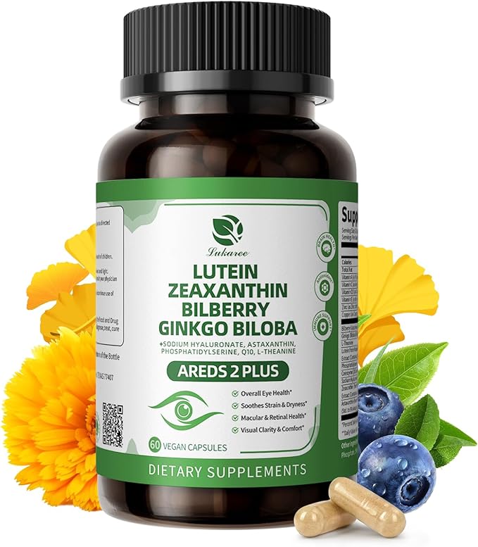 Lutein and Zeaxanthin Supplements - Advanced AREDS 2 Eye Vitamins - Bilberry Supplement for Eyes, with Astaxanthin, Ginkgo Biloba, Sodium Hyaluronate - for Eye Health & Brain Support, 60 Capsules