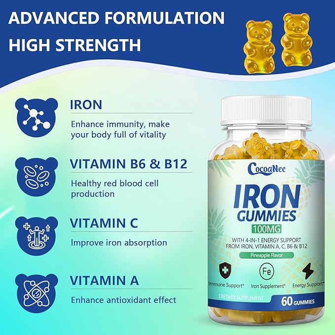 2 Pack 100MG Iron Supplements Gummies for Women & Men - Vitamin C, A, B12 - Complex, Improve Absorption, Energy Boost, Iron Deficiency, Anemia for Adults & Kids - Complex Folate, Zinc, 120Cts