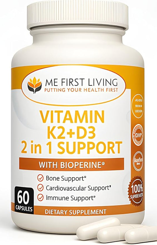 Me First Living Vitamin D3 K2 Supplement Bone and Heart Health Non-GMO Formula 125 MCG Vitamin D3 & 100 MCG Vitamin K2 MK-7 Easy to Swallow Vitamin D & K Complex with Calcium