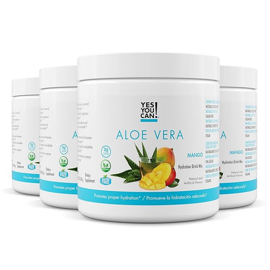 Yes You Can! Organic Aloe Vera Powder Drink Mix - Hydration Booster Infused with Pure Aloe Juice - Delicious Flavors - Made in USA - Antioxidant Rich - Mango Flavor - 40 Servings Per Canister (4 Pack)