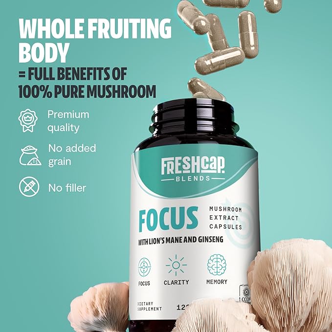 FreshCap 4-in-1 Focus Supplement - Supplements for Memory and Focus - Memory Supplement for Brain, Brain Booster Supplement, Lions Mane Extract, Ayurveda Ginseng (120 Capsules)