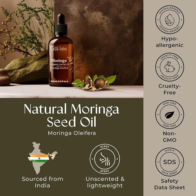 Gya Labs Organic Moringa Oil for Skin - 100% Pure Natural Moringa Carrer Oil for Hair, Face, Scalp - Nourishing & Revitalizing (3.4 Fl Oz)