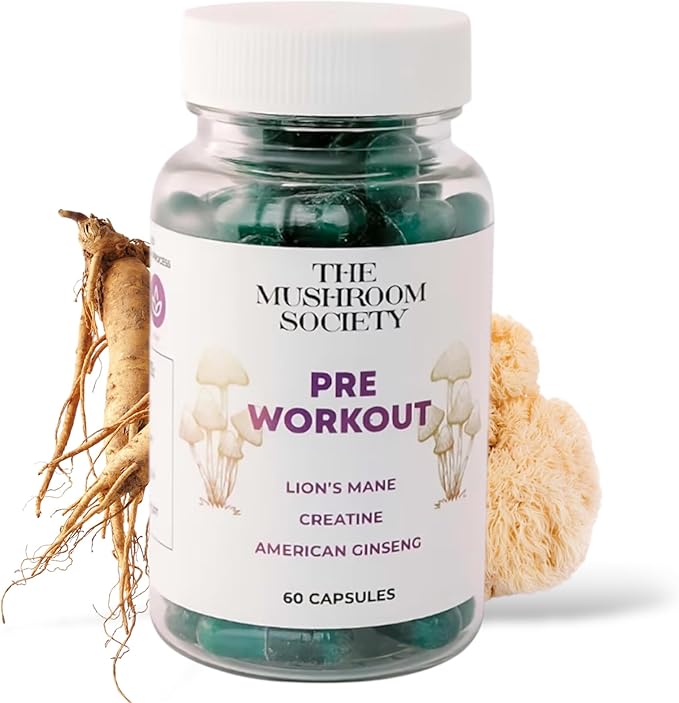 Pre-Workout Supplement - Focus & Performance Stack with Lion’s Mane, Creatine, American Ginseng & Beta-Glucans – Natural Energy & Endurance Without Caffeine - 60 Vegan Capsules