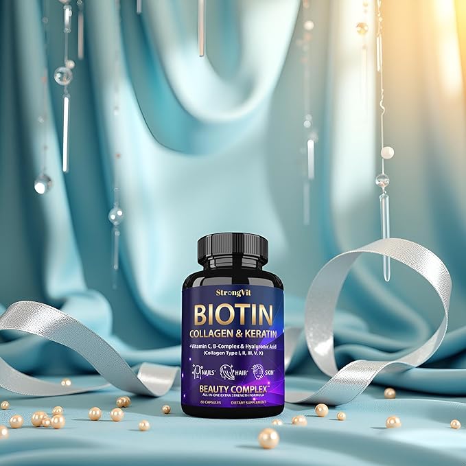 Biotin with Hyaluronic Acid, Keratin, and Collagen Supplements - Hair Growth Vitamins for Women and Men, Healthy Nails and Skin, B1, B2, B3, B6, B7 Complex, USA
