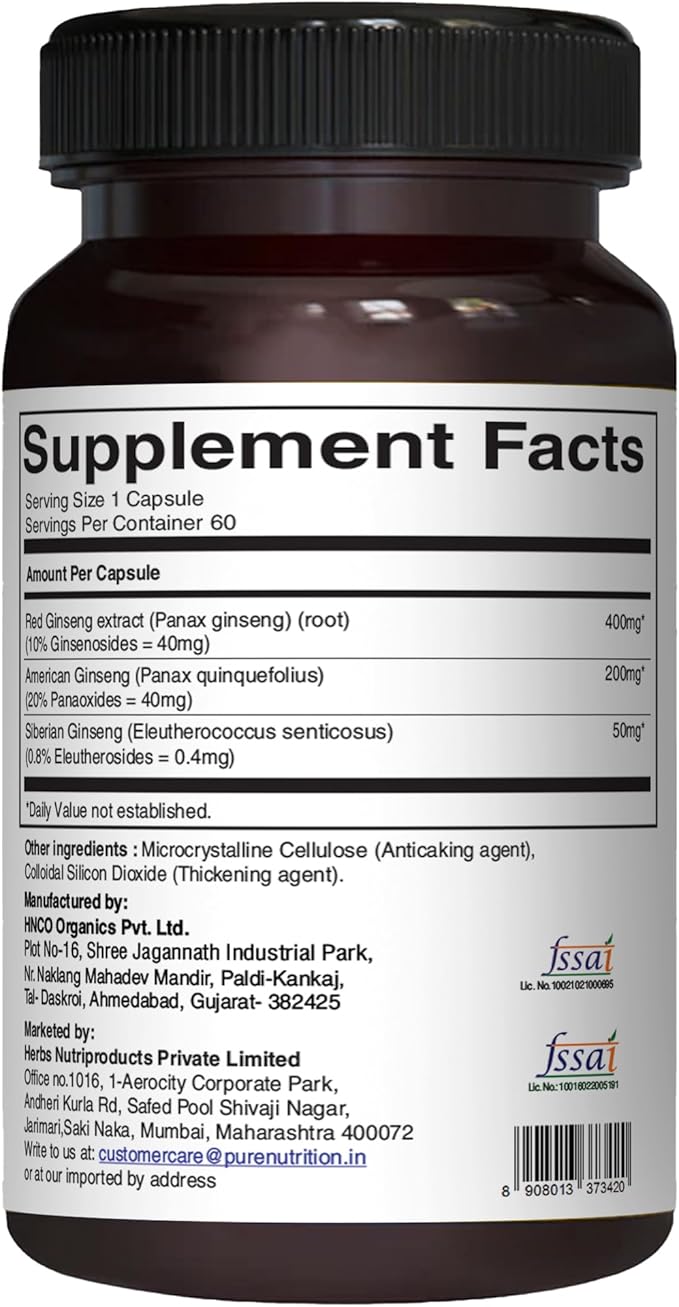 Pure Nutrition Triple Ginseng - an Unique and Effective Combination of Red Ginseng, American Ginseng and Siberian Ginseng. 790mg per Capsule | 60 Veg Caps Pack