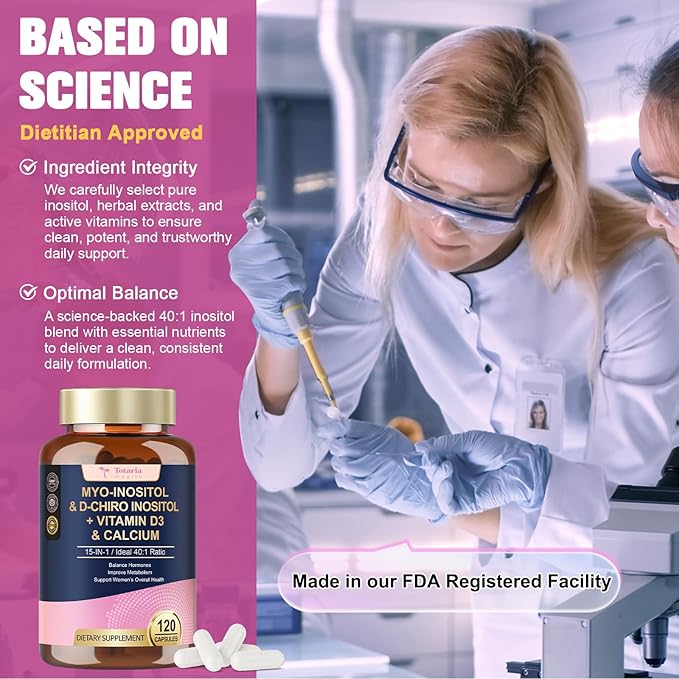 15-in-1 Myo-Inositol & D-Chiro Inositol for Women, 2050 mg Inositol Supplement w/DIM, Berberine, MTHF, Vitamin D, Clinically 40:1 Ratio, for Hormone Balance, Ovarian Function, 120 Capsules